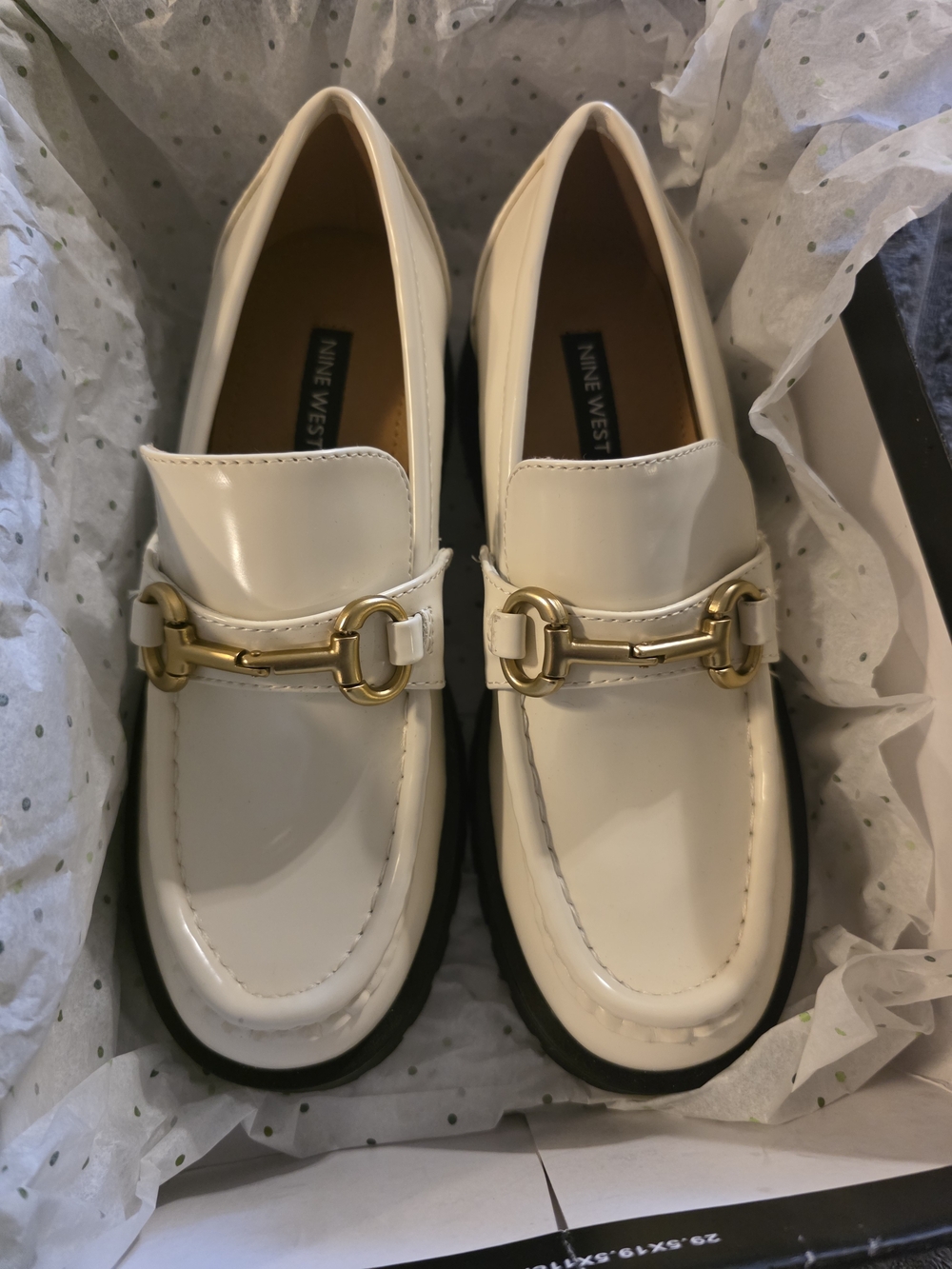 Nine West Women’s Cream Patent Leather Loafers with Gold Hardware